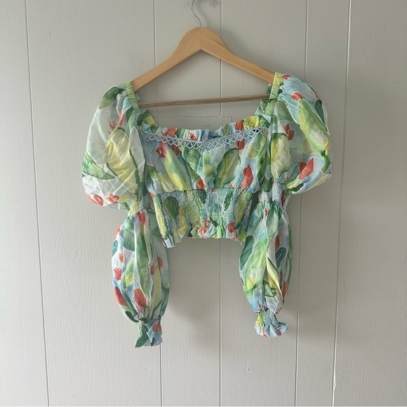 Charo Ruiz Ibiza Brisa Top NWT XS Long Sleeve Cropped Puff sleeve New Green Blue - Picture 5 of 15